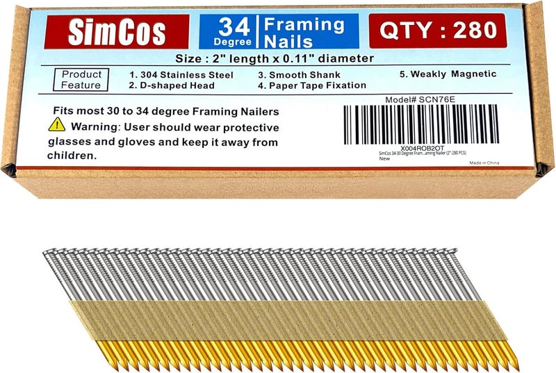 SimCos 34-30 Degree Framing Nails 304 Stainless Steel D Head Paper Tape Strip Nails for 30 to 34 degree Framing Nailer (2"-280 PCS) - Image 1